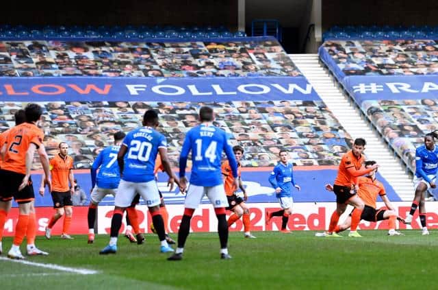 Rangers make the breakthrough against Dundee United at Ibrox as Joe Aribo's shot is flicked home by team-mate Ianis Hagi. (Photo by Rob Casey / SNS Group)