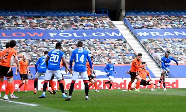 Rangers make the breakthrough against Dundee United at Ibrox as Joe Aribo's shot is flicked home by team-mate Ianis Hagi. (Photo by Rob Casey / SNS Group)
