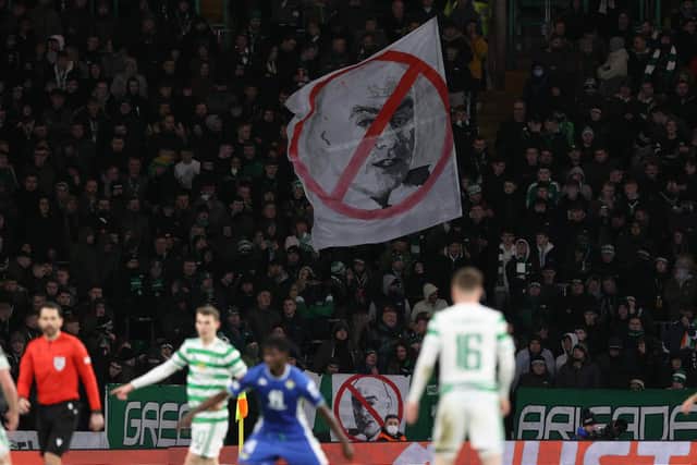 Celtic fans protest against Bernard Higgins during the Europa League victory for Ange Postecoglou's men against Real Betis. (Photo by Craig Williamson / SNS Group)