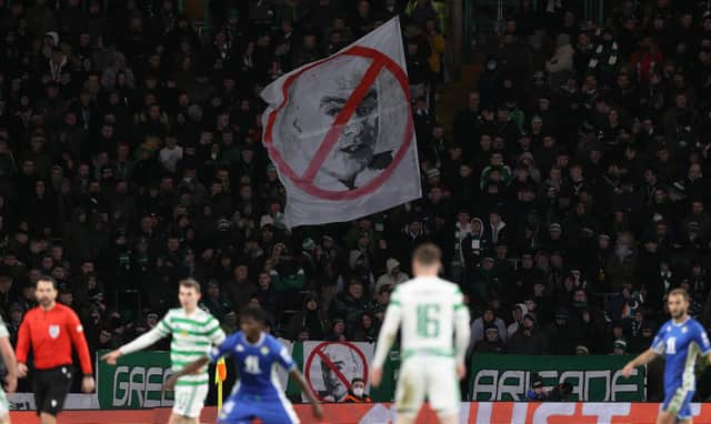 Celtic fans protest against Bernard Higgins during the Europa League victory for Ange Postecoglou's men against Real Betis. (Photo by Craig Williamson / SNS Group)