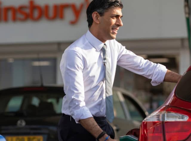 Rishi Sunak was pictured filling up at the forecourt ahead of the Spring budget statement, but the car later turned out not to be his. The Chancellor's attempt to stem rising fuel costs proves that he does not live in the real world. PIC: HM Treasury.
