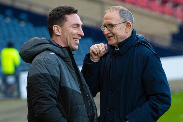 New Ayr United manager Scott Brown speaks to former Celtic boss Martin O'Neill at Hampden.