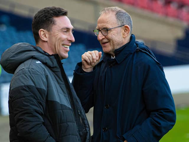 New Ayr United manager Scott Brown speaks to former Celtic boss Martin O'Neill at Hampden.