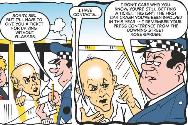 Dominic Cummings is prodded for being involved in multiple 2020 'car crashes' in BeanOLD (Image: PA Media/Beano)