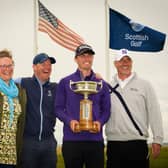 Cameron Adam celebrates his sensational performance in the Scottish Amateur Championship at Royal Dornoch with mum Lyndsay, left, and dad Steve, right, as well as his uncle and caddie for the week, Keith Sturton. Picture: Scottish Golf