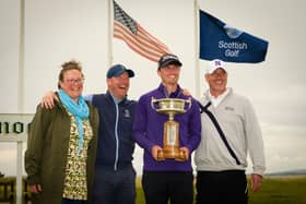 Cameron Adam celebrates his sensational performance in the Scottish Amateur Championship at Royal Dornoch with mum Lyndsay, left, and dad Steve, right, as well as his uncle and caddie for the week, Keith Sturton. Picture: Scottish Golf