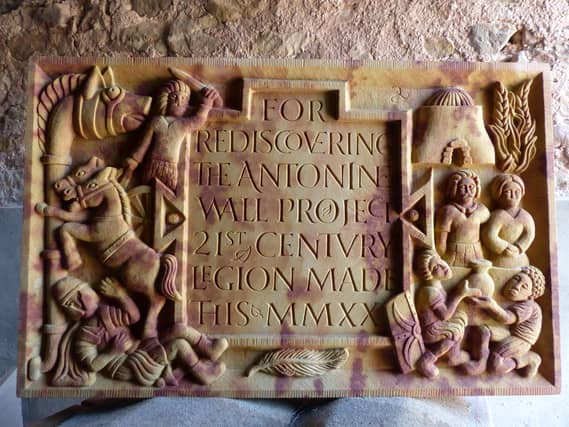 The newly carved distance stone which will be placed close to the Antonine Wall to tell the story of the local Iron Age population who lived alongside the occupying Roman force. PIC: Rediscovering the Antonine Wall.