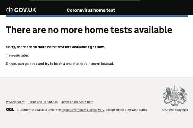 A screenshot of the error message on the lateral flow test order form.