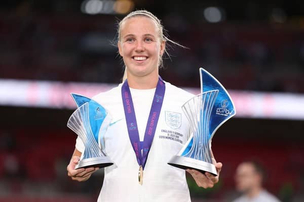 Beth Mead of England is awarded with the Top Goalscorer and Player of the Tournament awards after the final whistle of the UEFA Women's Euro 2022 final. (Photo by Naomi Baker/Getty Images)
