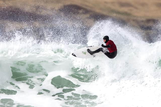 England's Stan Norman on his way to winning the men's division on day two of the British Surfing Championships at Thurso East. PIC: Jane Barlow/PA Wire.