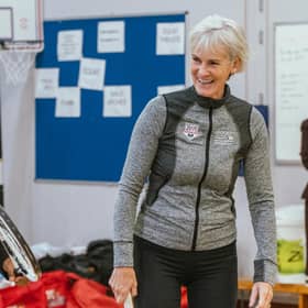 Judy Murray with pupils from St Margaret's School for Girls, Aberdeen, as part of Scottish Women and Girls in Sport Week. Picture: Conor Ross