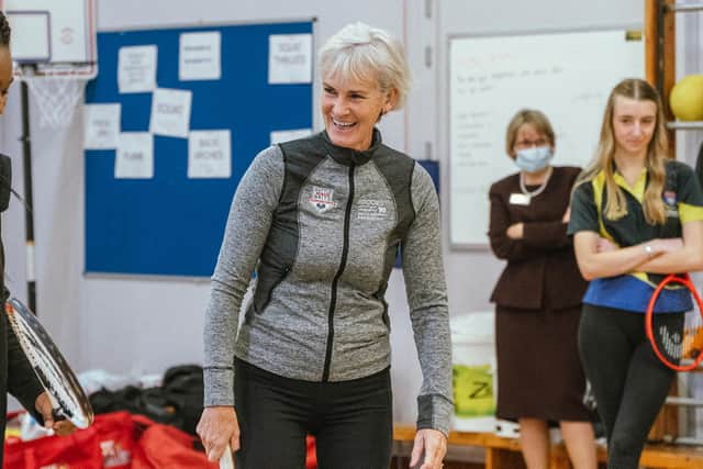 Judy Murray with pupils from St Margaret's School for Girls, Aberdeen, as part of Scottish Women and Girls in Sport Week. Picture: Conor Ross