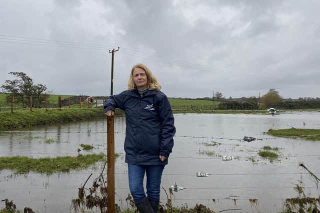 RSABI chief executive Carol McLaren standing near a flooded field in Brechin after storm Babet brought exceptional levels of rainfall (pic: RSABI)