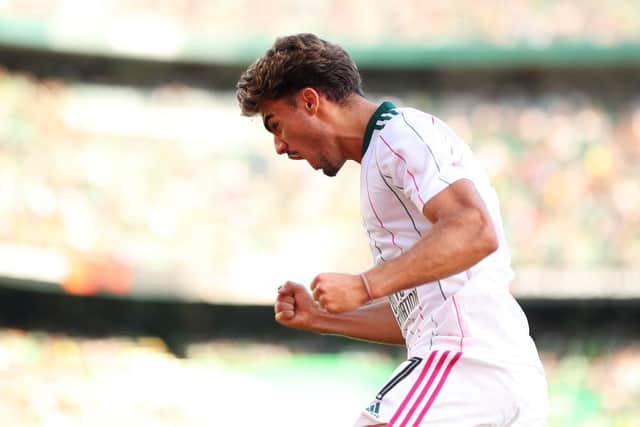 Jota celebrates after having a hand in putting Celtic 1-0 up. Picture: SNS