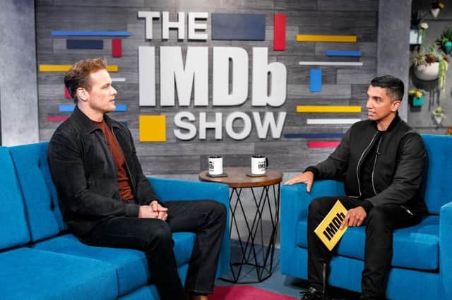 Sam Heughan and host Tim Kash on the set of 'The IMDb Show' on January 13, 2020 in Santa Monica, California.