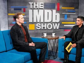 Sam Heughan and host Tim Kash on the set of 'The IMDb Show' on January 13, 2020 in Santa Monica, California.