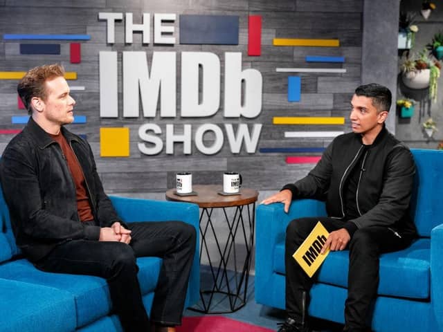 Sam Heughan and host Tim Kash on the set of 'The IMDb Show' on January 13, 2020 in Santa Monica, California.