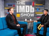 Sam Heughan and host Tim Kash on the set of 'The IMDb Show' on January 13, 2020 in Santa Monica, California.