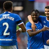 Rangers' Rabbi Matondo (left) celebrates making it 3-0 with Antonio Colak in the friendly win over West Ham United at Ibrox Stadium. (Photo by Rob Casey / SNS Group)