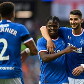 Rangers' Rabbi Matondo (left) celebrates making it 3-0 with Antonio Colak in the friendly win over West Ham United at Ibrox Stadium. (Photo by Rob Casey / SNS Group)