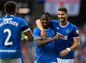 Rangers' Rabbi Matondo (left) celebrates making it 3-0 with Antonio Colak in the friendly win over West Ham United at Ibrox Stadium. (Photo by Rob Casey / SNS Group)