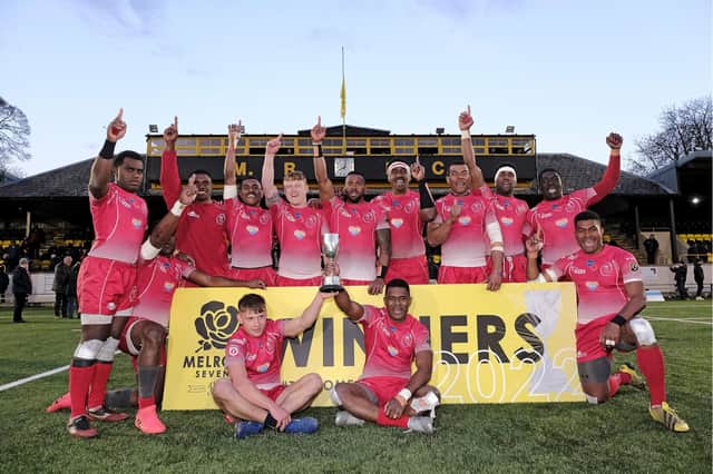 The British Army team celebrates their win at the 2022 Melrose Sevens.