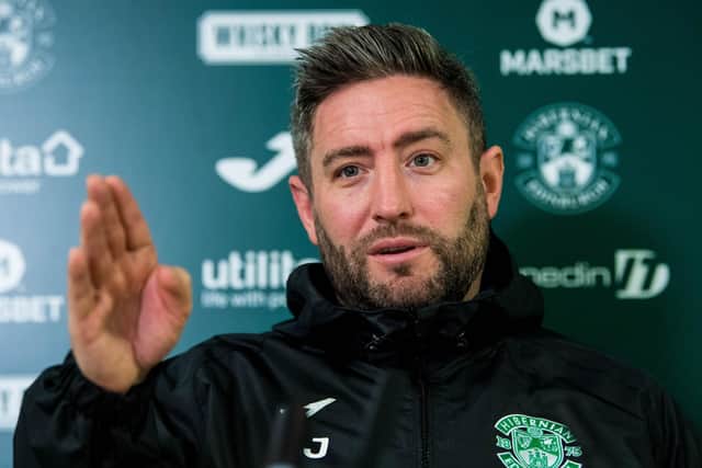 Hibs manager Lee Johnson at his pre-match media conference ahead of facing Hearts on Saturday.  (Photo by Ross Parker / SNS Group)