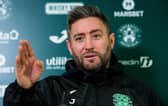 Hibs manager Lee Johnson at his pre-match media conference ahead of facing Hearts on Saturday.  (Photo by Ross Parker / SNS Group)
