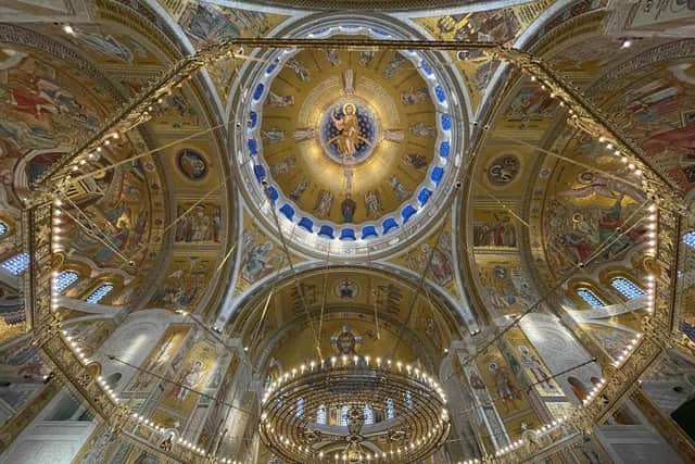 The gold mosaic interior of Saint Sava cathedral. Pic: Sarah Marshall/PA.