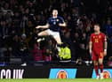 Scott McTominay celebrates opening the scoring for Scotland against Spain.