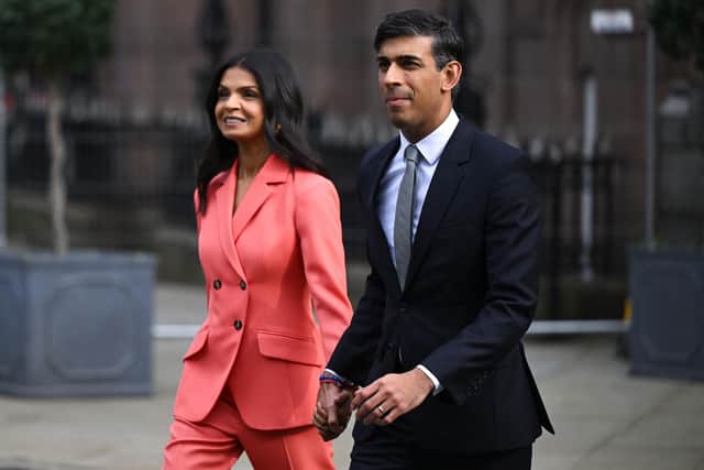 Prime Minister Rishi Sunak and his wife Akshata Murty arrive to the final day of the annual Conservative Party Conference in Manchester. Picture: Justin Tallis/AFP via Getty Images