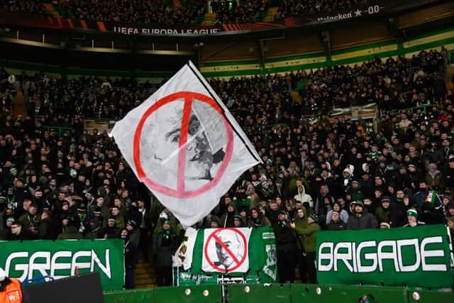 Celtic protest against the appointment of Bernard Higgins during a UEFA Europa League match between Celtic and Real Betis at Celtic Park, on December 09, 2021, in Glasgow, Scotland. (Photo by Rob Casey / SNS Group)
