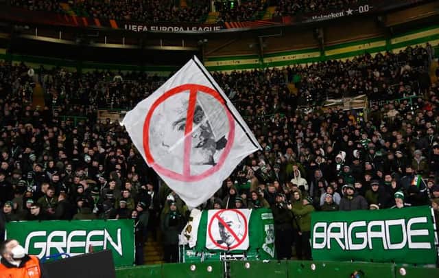 Celtic protest against the appointment of Bernard Higgins during a UEFA Europa League match between Celtic and Real Betis at Celtic Park, on December 09, 2021, in Glasgow, Scotland. (Photo by Rob Casey / SNS Group)
