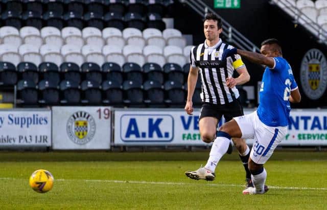 Alfredo Morelos pounces on an error by St Mirren captain Joe Shaughnessy to put Rangers 2-0 up. (Photo by Alan Harvey / SNS Group)