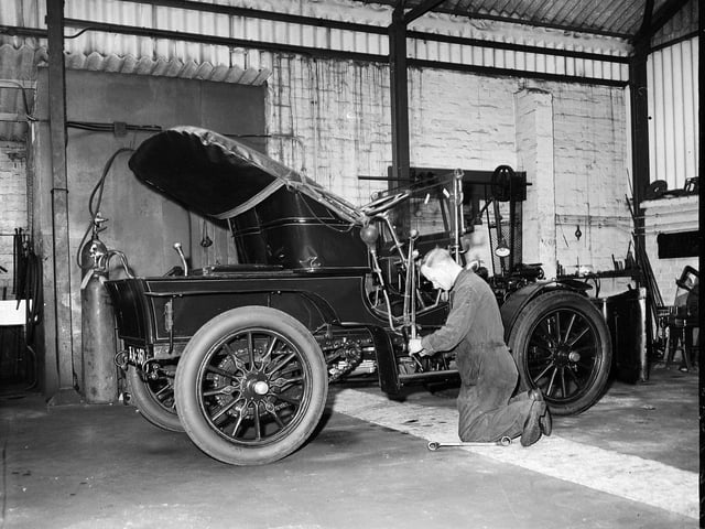 A 1912 Minerva at John Gibson's Marine Section on Middle Pier Granton. The district was home to Britain's first car factory in the early 1900s.
