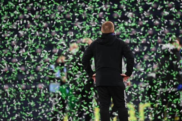 Celtic manager Neil Lennon celebrates his side winning during the William Hill Scottish Cup Final between Celtic and Hearts at Hampden Park, on December 20, 2020, in Glasgow, Scotland. (Photo by Bill Murray / SNS Group)