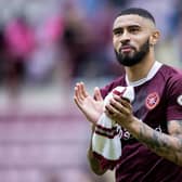 Josh Ginnelly applauds the Hearts fans after the 1-1 draw with Hibs at Tynecastle.