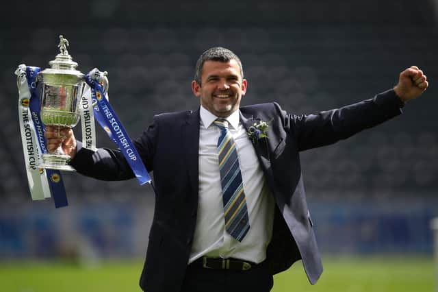 St Johnstone manager Callum Davidson celebrates with the Scottish Cup after his team's 1-0 win over Hibernian in the final at Hampden. (Photo by Ian MacNicol/Getty Images)