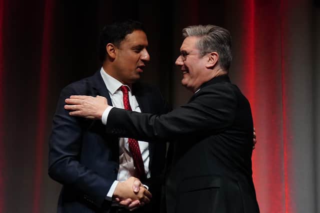 Scottish Labour leader Anas Sarwar and Labour party leader Sir Keir Starmer shake hands on the third day of the Scottish Labour Party Conference at the Assembly Rooms in Edinburgh