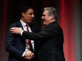 Scottish Labour leader Anas Sarwar and Labour party leader Sir Keir Starmer shake hands on the third day of the Scottish Labour Party Conference at the Assembly Rooms in Edinburgh