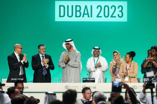 COP28 delegates applaud after a speech by Sultan Ahmed Al Jaber, the climate change summit's president, at the end of the talks (Picture: Fadel Dawod/Getty Images)