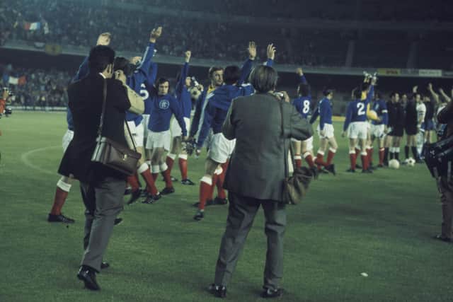The Rangers players salute their supporters after winning the 1972 European Cup Winners' Cup with a 3-2 victory over Dynamo Moscow at the Nou Camp in Barcelona.