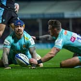Exeter's Jack Nowell celebrates his try with Stuart Hogg. Photo: Andy Watts/INPHO/Shutterstock