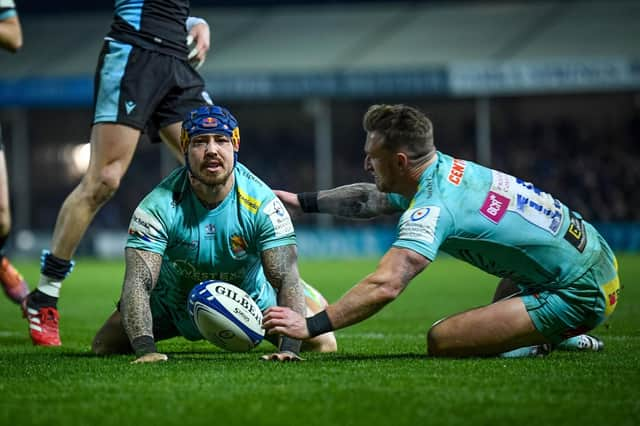 Exeter's Jack Nowell celebrates his try with Stuart Hogg. Photo: Andy Watts/INPHO/Shutterstock