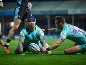 Exeter's Jack Nowell celebrates his try with Stuart Hogg. Photo: Andy Watts/INPHO/Shutterstock