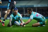 Exeter's Jack Nowell celebrates his try with Stuart Hogg. Photo: Andy Watts/INPHO/Shutterstock