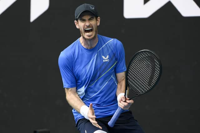 Andy Murray celebrates defeating Nikoloz Basilashvili in Melbourne.