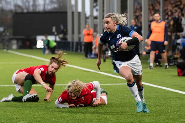 Scotland's Chloe Rollie runs through to score a second half try during the TikTok Women's Six Nations match against Wales.