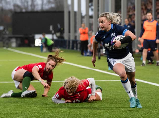 Scotland's Chloe Rollie runs through to score a second half try during the TikTok Women's Six Nations match against Wales.