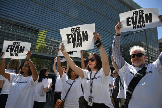 The Independent Association of Publishers' Employees and Wall Street Journal journalists rally in Washington, calling for the release of Wall Street Journal reporter Evan Gershkovich, who has been held in Russia since March 29.
